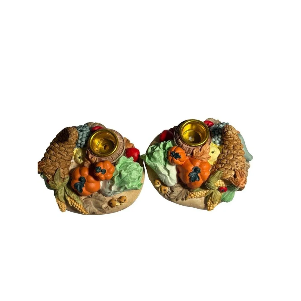 Pair of‎ Stoneware Thanksgiving Cornucopia Tapered Candle Holders